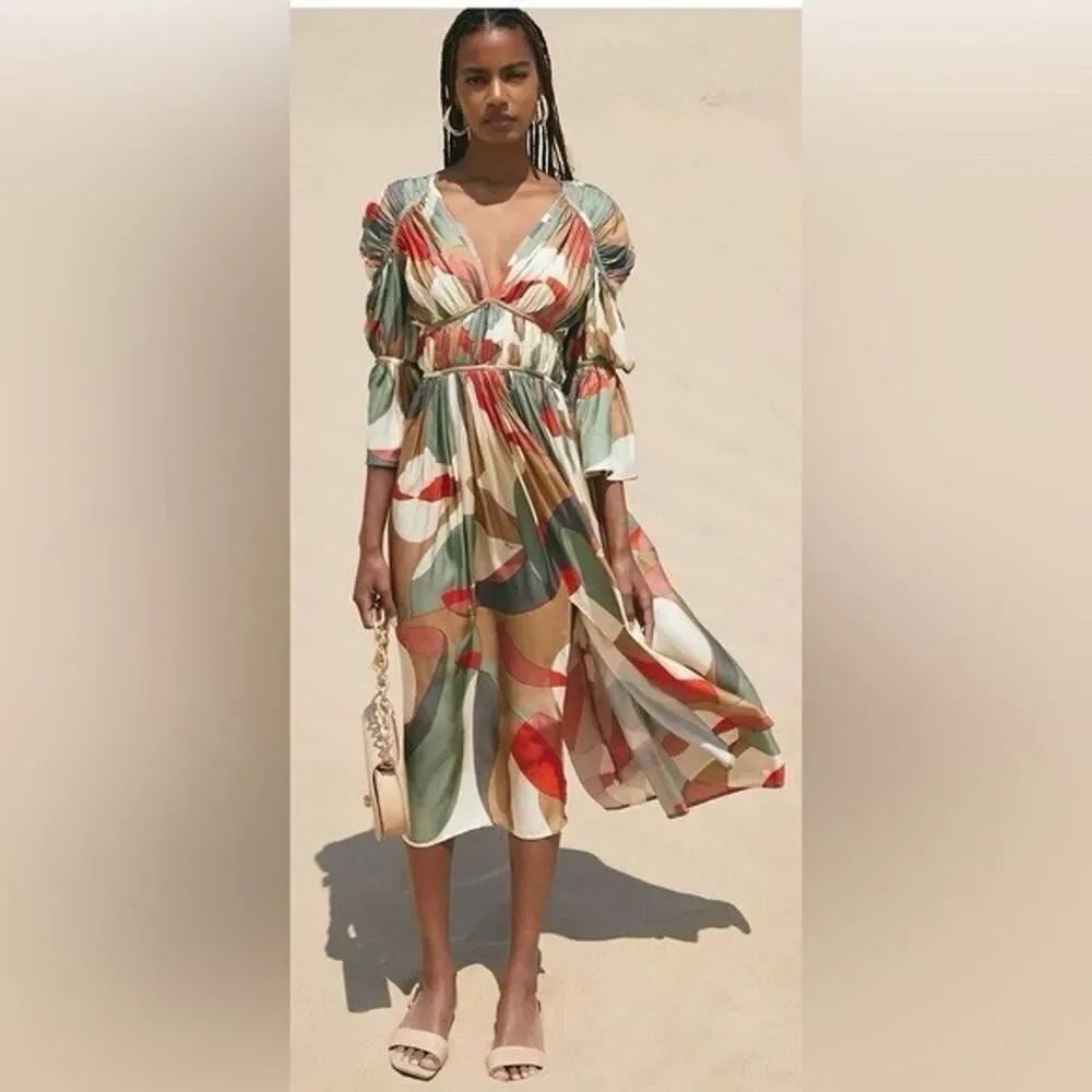 NWT Cult Gaia Anysia Silk Blend Midi Dress Abstract Print Puff Sleeve XS